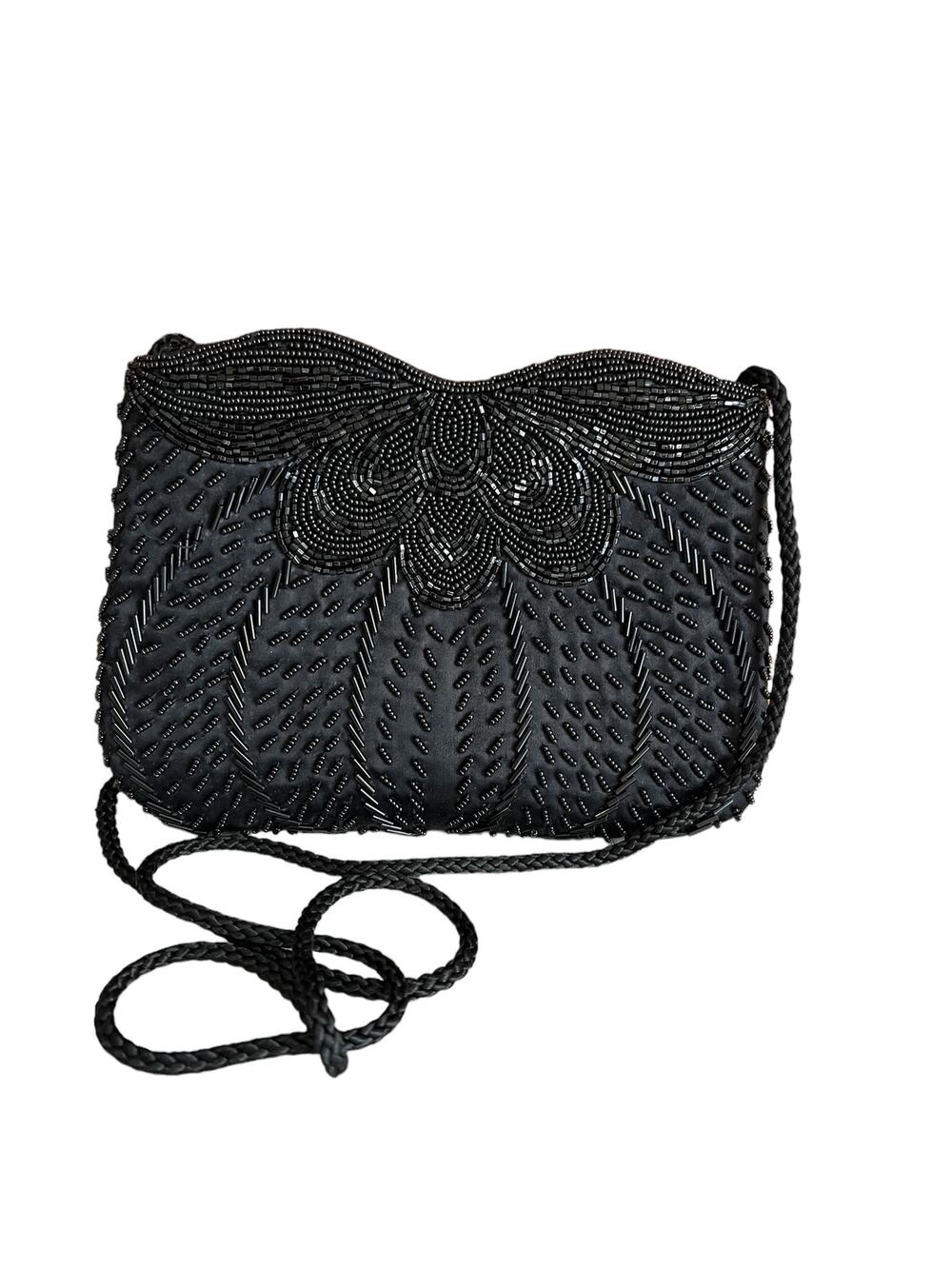 Vintage Beaded Black Satin Evening Bag